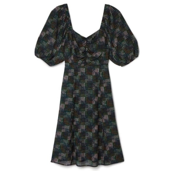 Elaine Puff Sleeve Multicolored Dot Mesh Midi Dress in Green Size XS - Picture 3 of 12